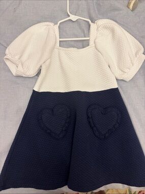 Janie and Jack White Bodice Navy Skirt Puff Sleeve Dress with Heart Pockets